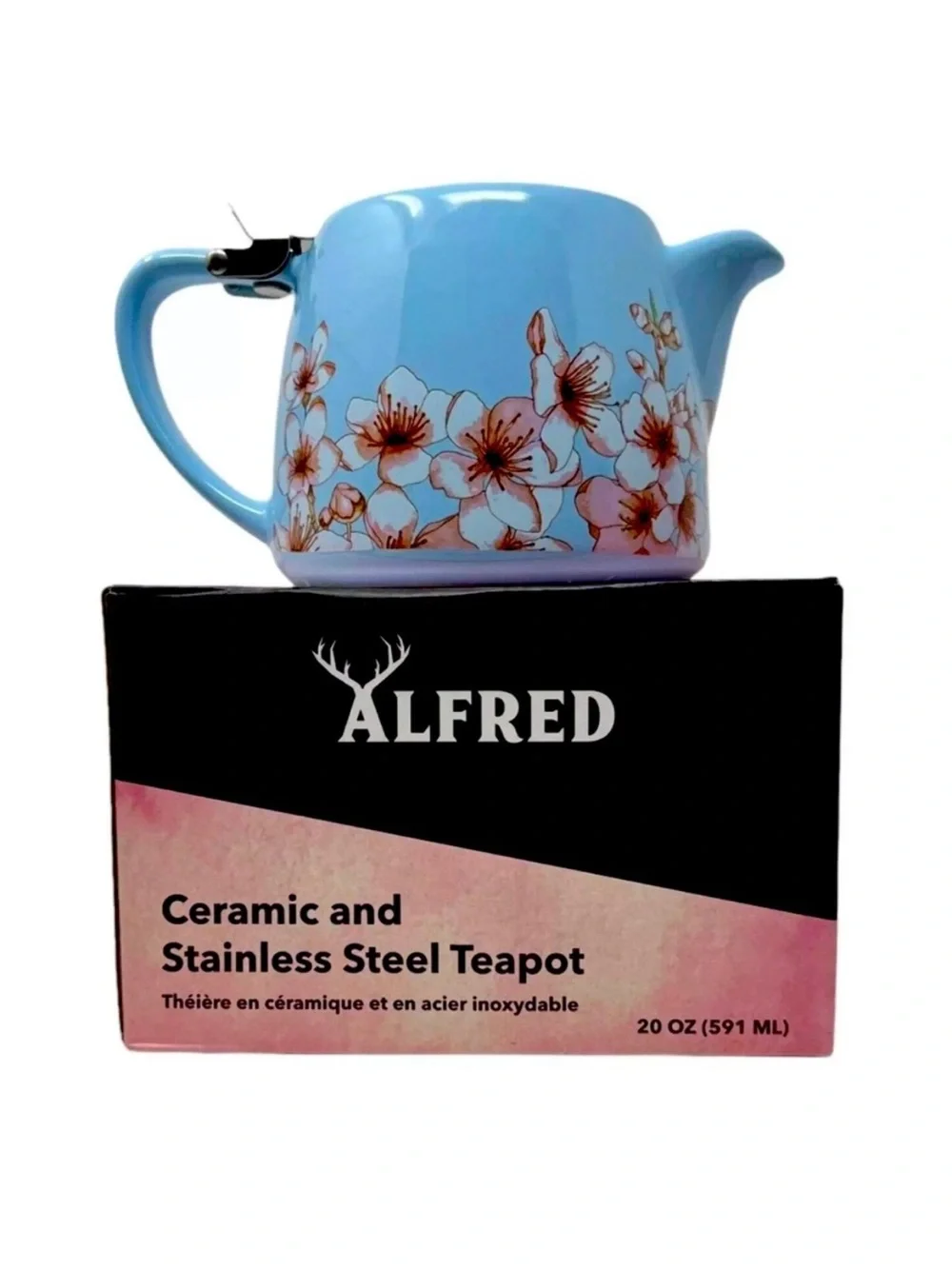 Alfred Blue Ceramic Teapot with Pink Floral Motif